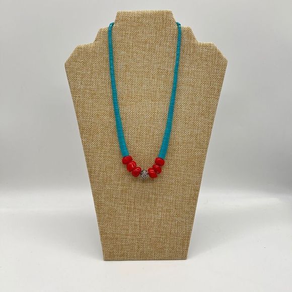 Handmade Jewelry - Handmade Turquoise and Red Coral with Silver tone Focal Bead Beaded Necklace